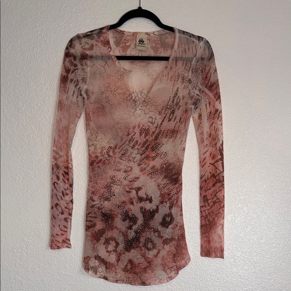 S-Twelve Sheer mesh Y2K Long Sleeve Top - Brown animal print layering